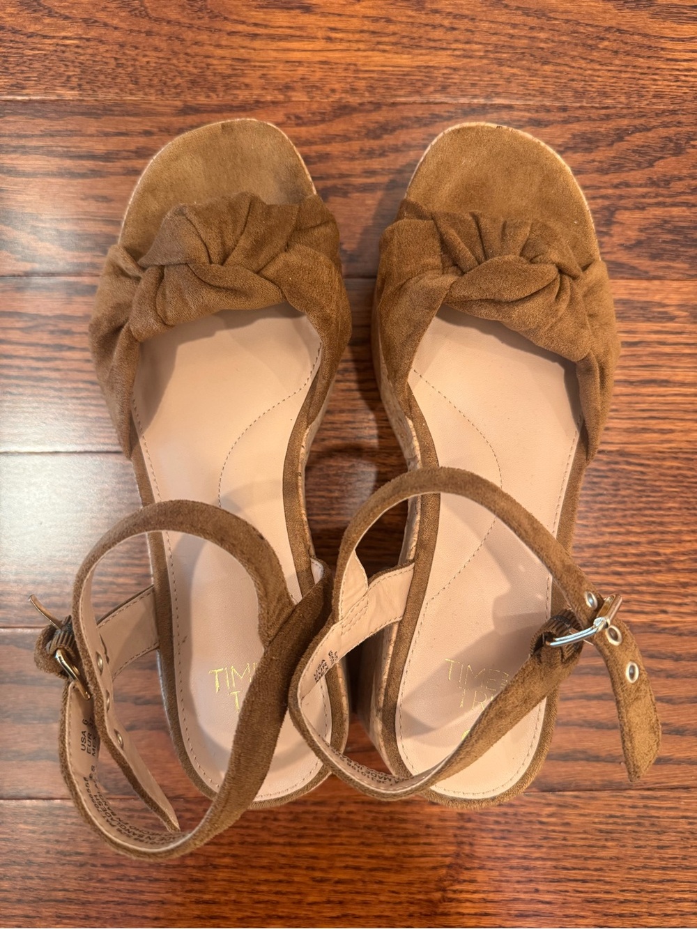 Time and Tru Brown Suede Knot Ankle Strap Sandals